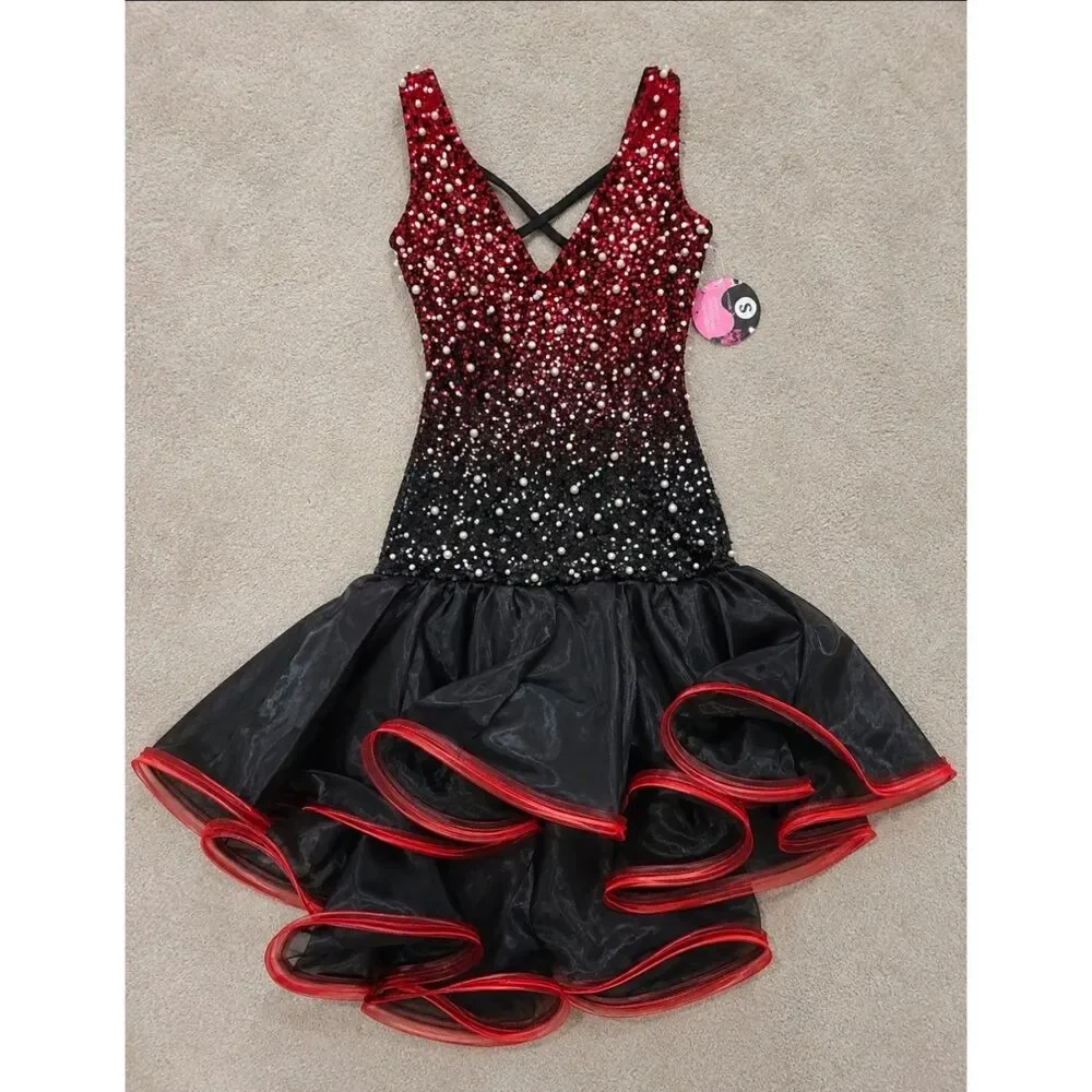 NWT Latin Ballroom Dance Dress Womens S Red Black Sequin Pearl V Neck Performanc
